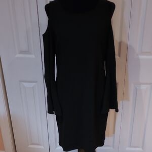 Elegant Black Cold Shoulder Dress, Flared Sleeves, Size M